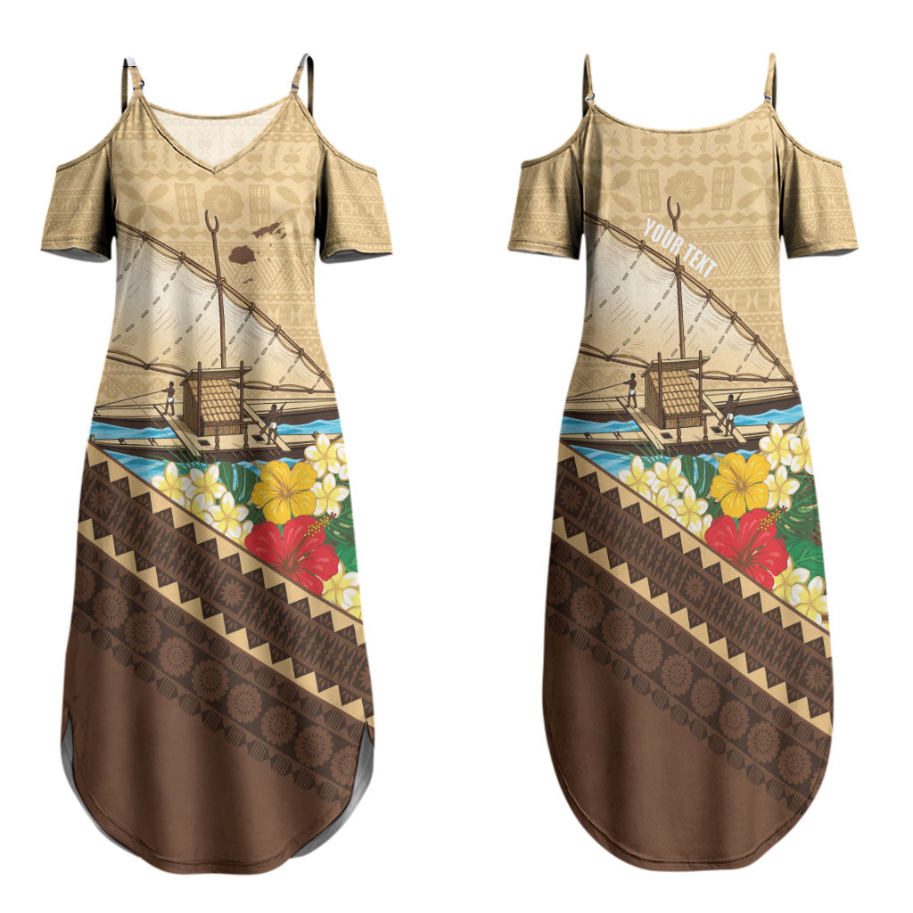 Personalised Bula Vinaka Fiji Drua Family Matching Summer Maxi Dress and Hawaiian Shirt Fijian Traditional Canoe Tapa Cloth Beige LT14 Mom's Dress Beige - Polynesian Pride