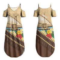 Personalised Bula Vinaka Fiji Drua Family Matching Summer Maxi Dress and Hawaiian Shirt Fijian Traditional Canoe Tapa Cloth Beige LT14 Mom's Dress Beige - Polynesian Pride