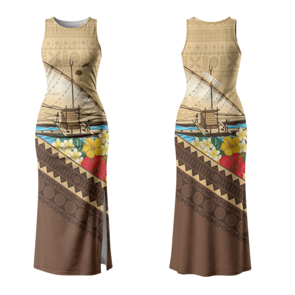 Personalised Bula Vinaka Fiji Drua Family Matching Tank Maxi Dress and Hawaiian Shirt Fijian Traditional Canoe Tapa Cloth Beige LT14 Mom's Dress Beige - Polynesian Pride