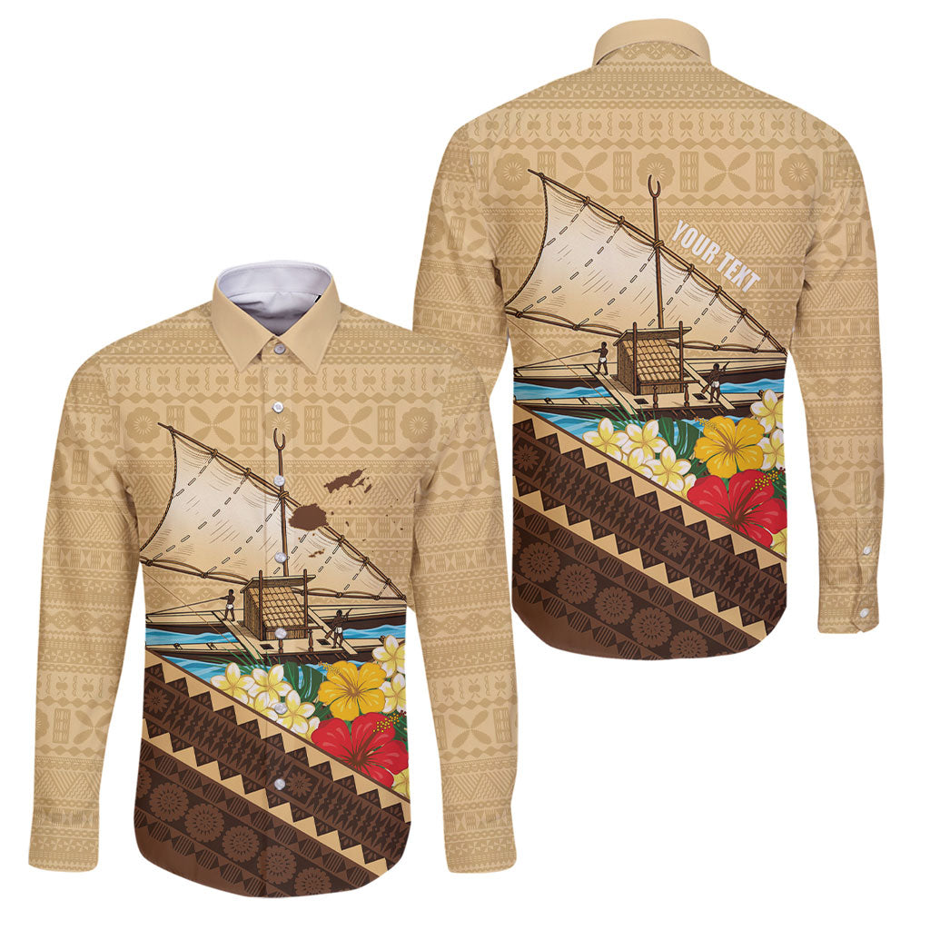 Personalised Bula Vinaka Fiji Drua Family Matching Tank Maxi Dress and Hawaiian Shirt Fijian Traditional Canoe Tapa Cloth Beige LT14 Dad's Shirt - Long Sleeve Beige - Polynesian Pride