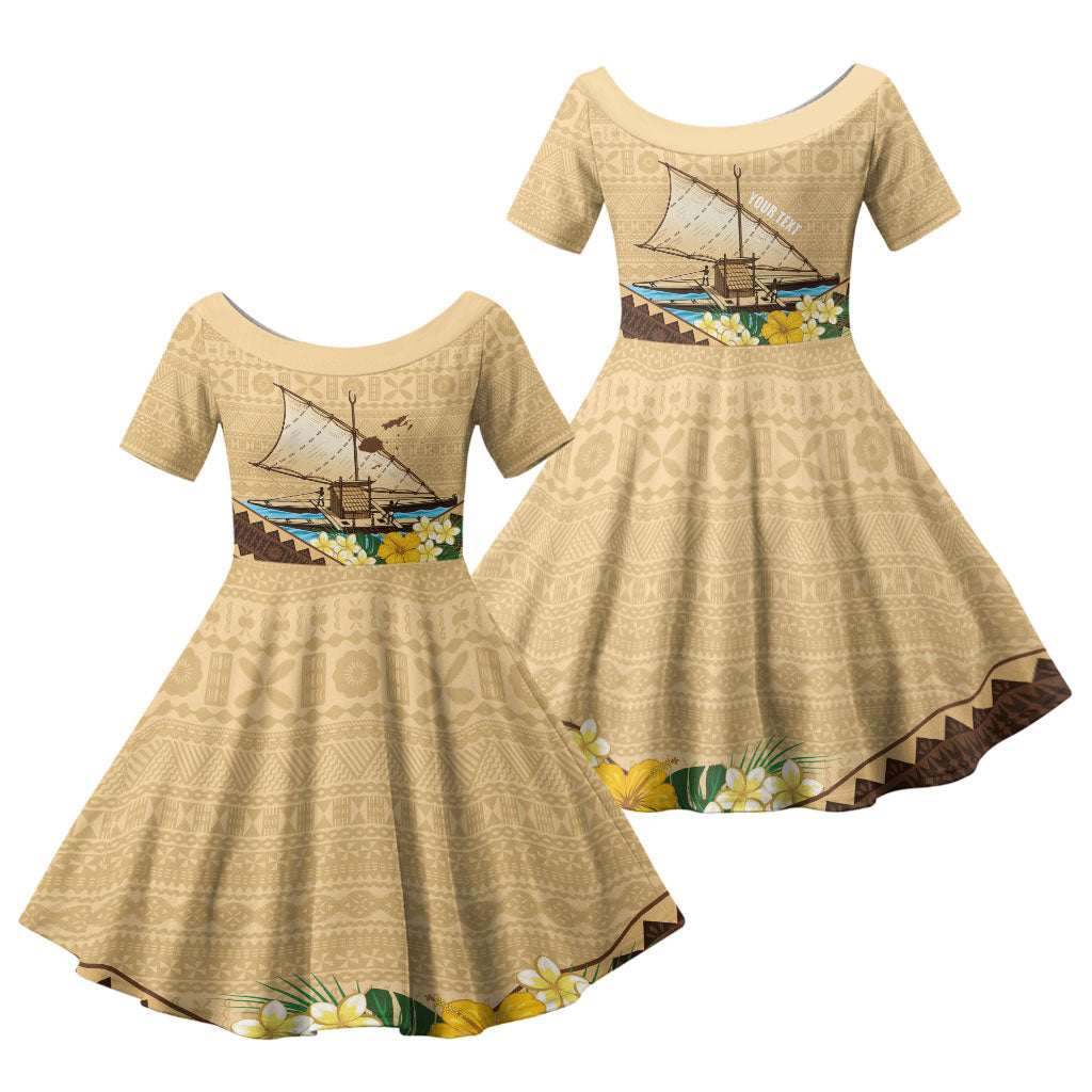 Personalised Bula Vinaka Fiji Drua Family Matching Tank Maxi Dress and Hawaiian Shirt Fijian Traditional Canoe Tapa Cloth Beige LT14 Daughter's Dress Beige - Polynesian Pride