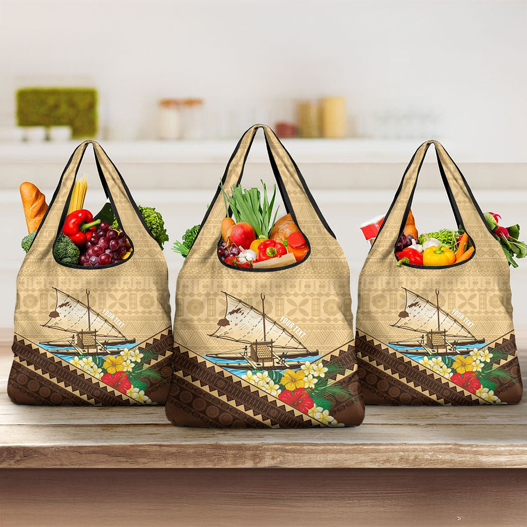 Personalised Bula Vinaka Fiji Drua Grocery Bag Fijian Traditional Canoe Tapa Cloth Beige LT14 3-pack One Size Beige - Polynesian Pride