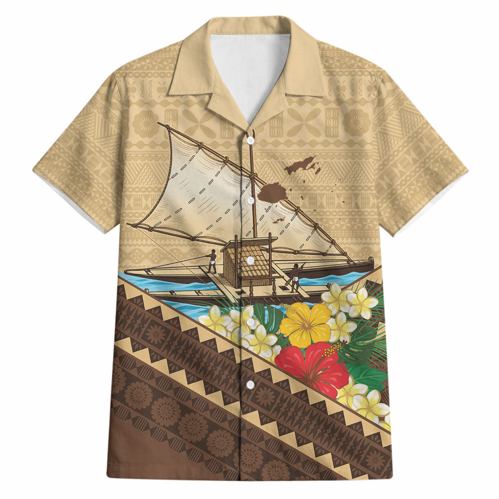 Personalised Bula Vinaka Fiji Drua Hawaiian Shirt Fijian Traditional Canoe Tapa Cloth Beige