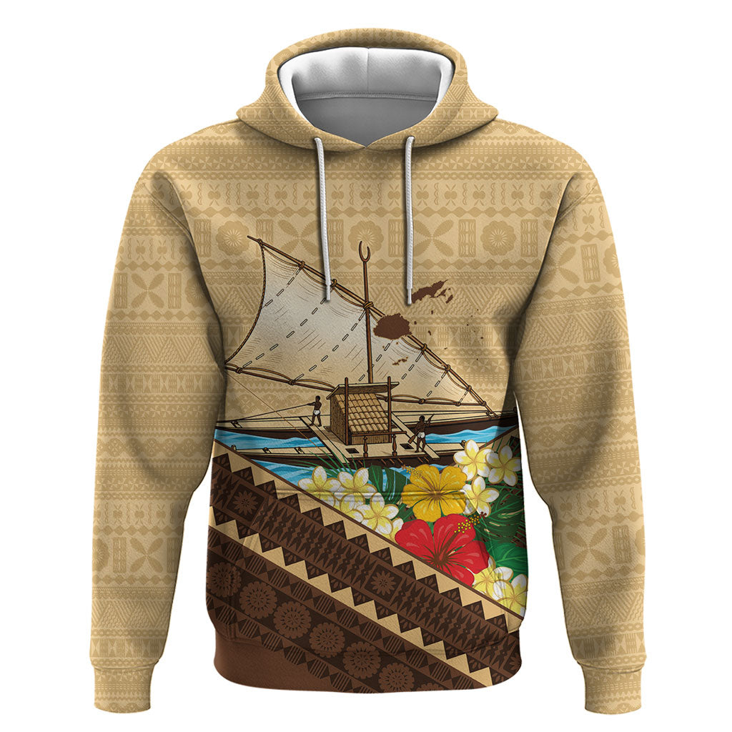 Personalised Bula Vinaka Fiji Drua Hoodie Fijian Traditional Canoe Tapa Cloth Beige LT14 Pullover Hoodie Beige - Polynesian Pride