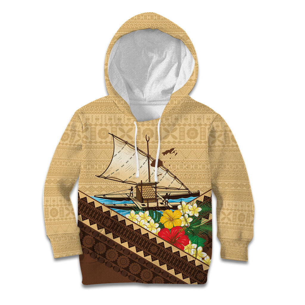 Personalised Bula Vinaka Fiji Drua Kid Hoodie Fijian Traditional Canoe Tapa Cloth Beige LT14 Hoodie Beige - Polynesian Pride