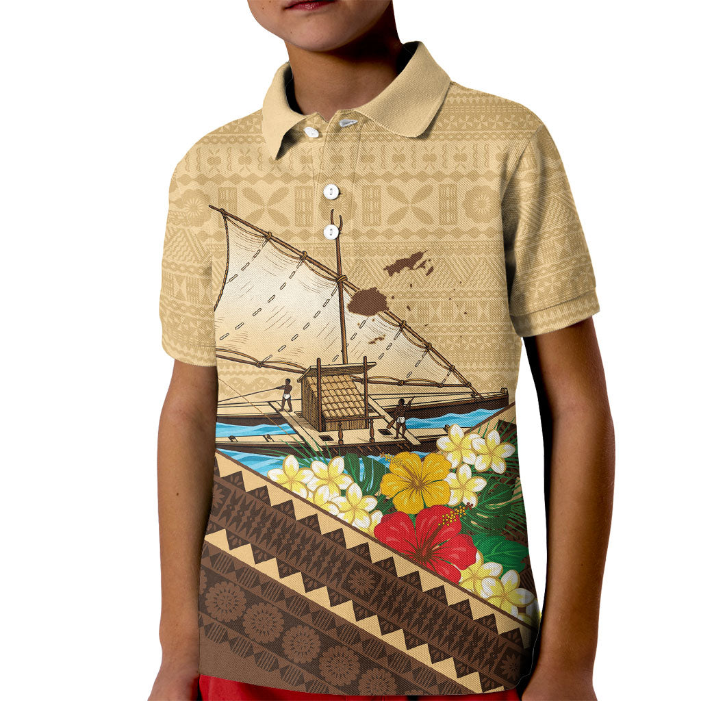 Personalised Bula Vinaka Fiji Drua Kid Polo Shirt Fijian Traditional Canoe Tapa Cloth Beige