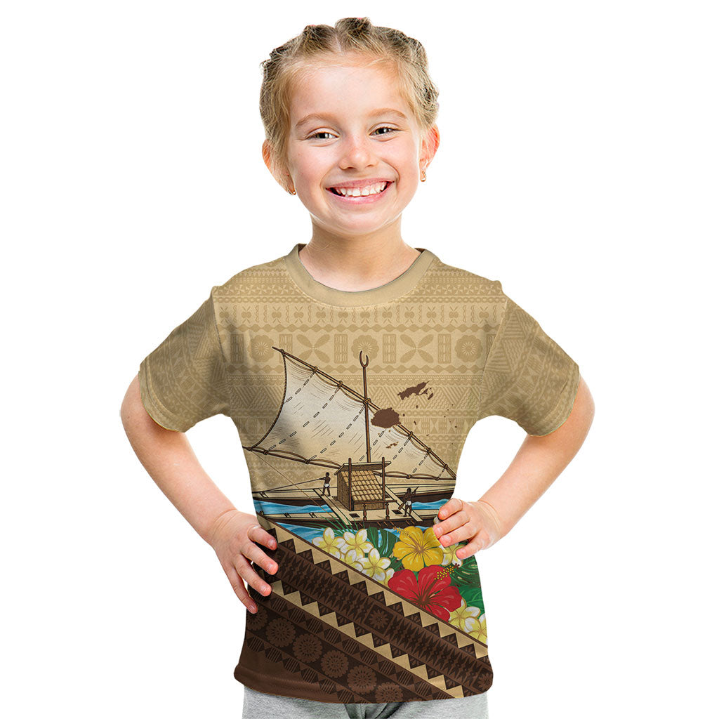 Personalised Bula Vinaka Fiji Drua Kid T Shirt Fijian Traditional Canoe Tapa Cloth Beige LT14 Beige - Polynesian Pride