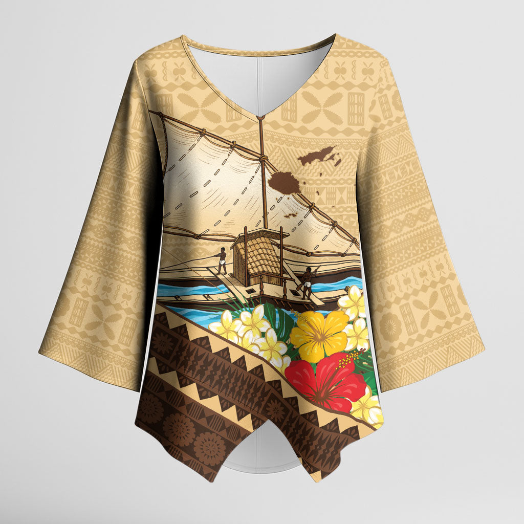 Personalised Bula Vinaka Fiji Drua Kimono Sleeve Blouse Fijian Traditional Canoe Tapa Cloth Beige LT14 Female Beige - Polynesian Pride