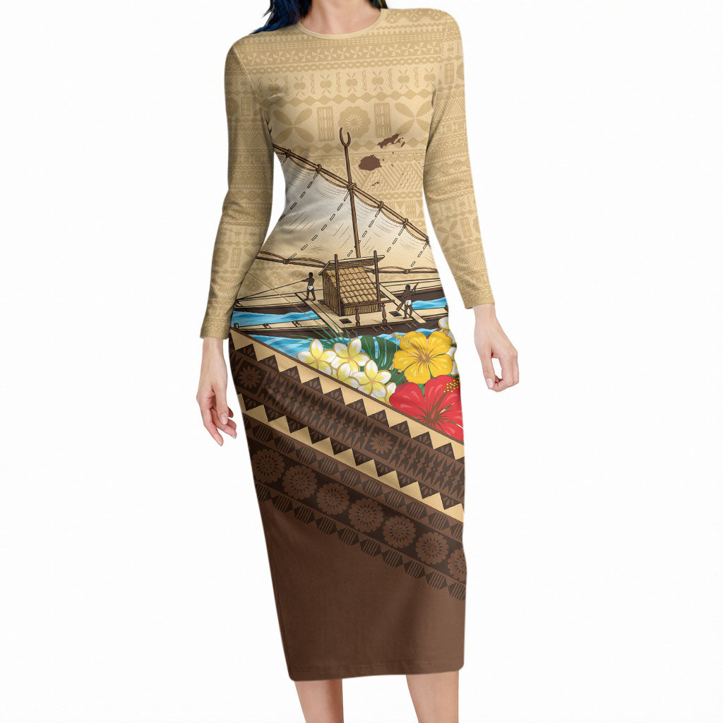 Personalised Bula Vinaka Fiji Drua Long Sleeve Bodycon Dress Fijian Traditional Canoe Tapa Cloth Beige