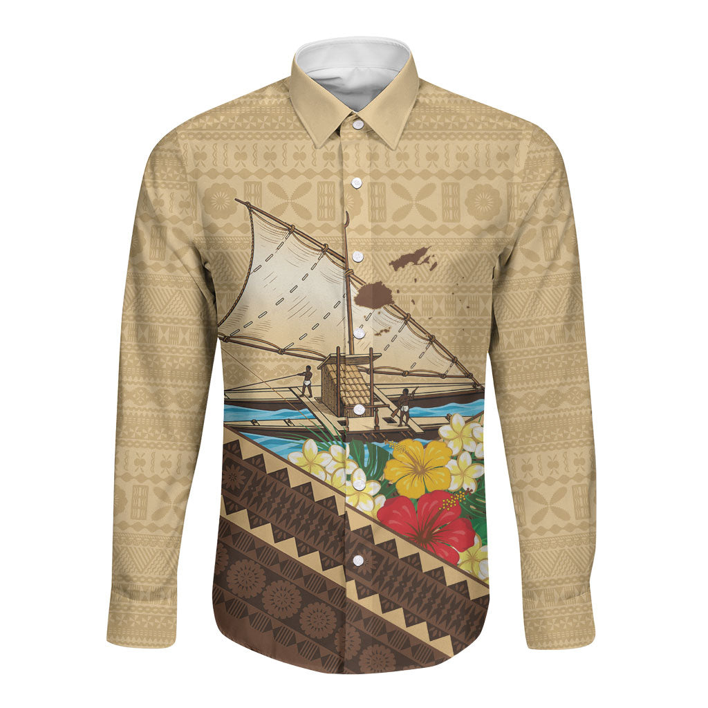 Personalised Bula Vinaka Fiji Drua Long Sleeve Button Shirt Fijian Traditional Canoe Tapa Cloth Beige LT14 Unisex Beige - Polynesian Pride