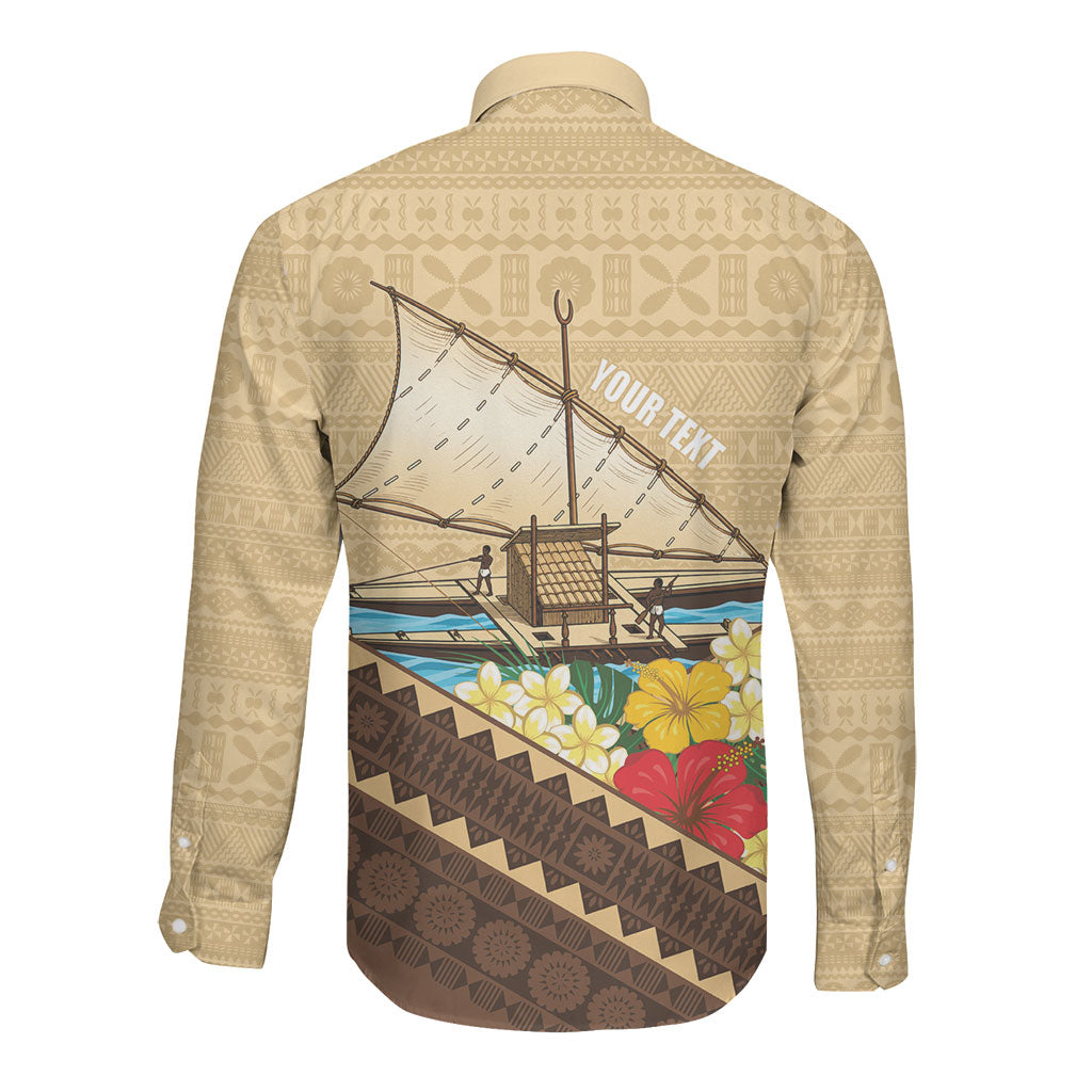 Personalised Bula Vinaka Fiji Drua Long Sleeve Button Shirt Fijian Traditional Canoe Tapa Cloth Beige LT14 - Polynesian Pride