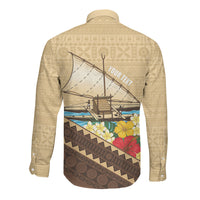 Personalised Bula Vinaka Fiji Drua Long Sleeve Button Shirt Fijian Traditional Canoe Tapa Cloth Beige LT14 - Polynesian Pride