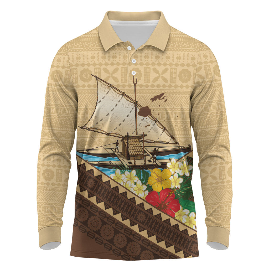 Personalised Bula Vinaka Fiji Drua Long Sleeve Polo Shirt Fijian Traditional Canoe Tapa Cloth Beige