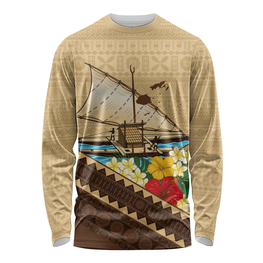Personalised Bula Vinaka Fiji Drua Long Sleeve Shirt Fijian Traditional Canoe Tapa Cloth Beige LT14 Unisex Beige - Polynesian Pride