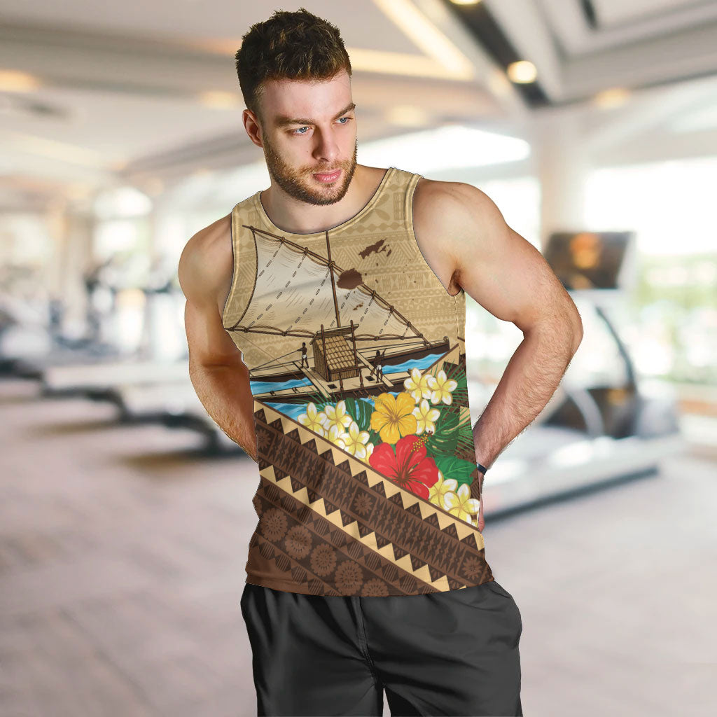 Personalised Bula Vinaka Fiji Drua Men Tank Top Fijian Traditional Canoe Tapa Cloth Beige LT14 Beige - Polynesian Pride