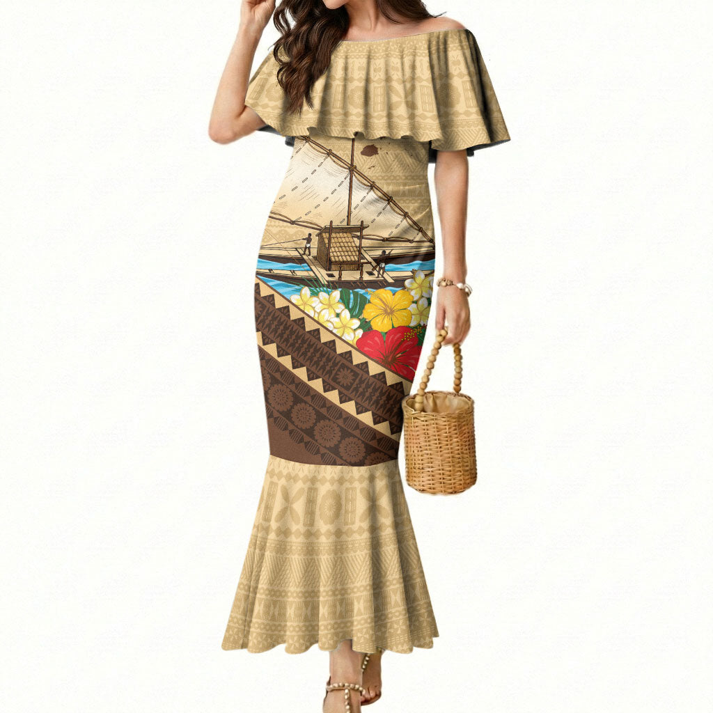 Personalised Bula Vinaka Fiji Drua Mermaid Dress Fijian Traditional Canoe Tapa Cloth Beige LT14 Women Beige - Polynesian Pride