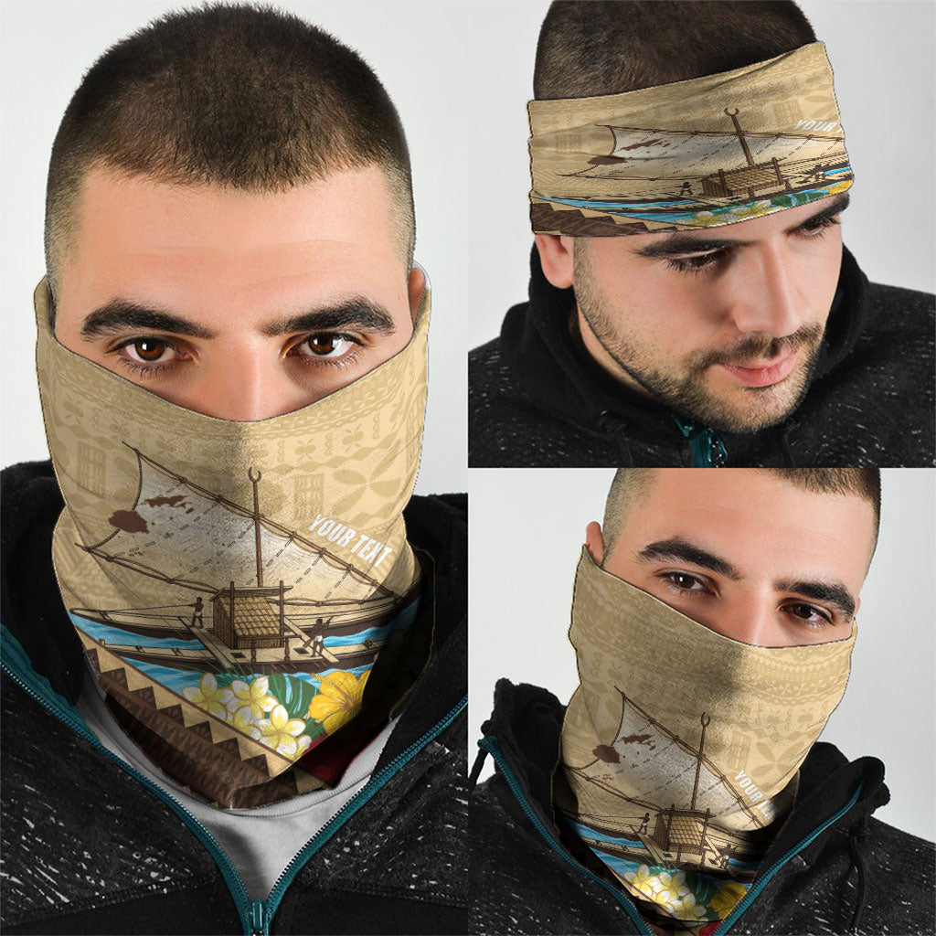 Personalised Bula Vinaka Fiji Drua Neck Gaiter Fijian Traditional Canoe Tapa Cloth Beige LT14 - Polynesian Pride