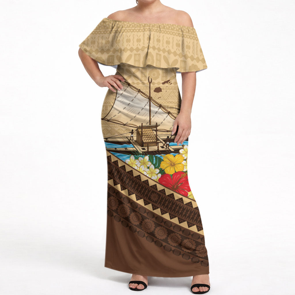 Personalised Bula Vinaka Fiji Drua Off Shoulder Maxi Dress Fijian Traditional Canoe Tapa Cloth Beige LT14 Women Beige - Polynesian Pride