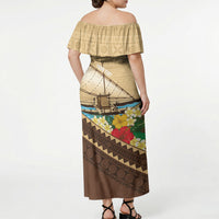 Personalised Bula Vinaka Fiji Drua Off Shoulder Maxi Dress Fijian Traditional Canoe Tapa Cloth Beige LT14 - Polynesian Pride