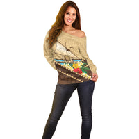 Personalised Bula Vinaka Fiji Drua Off Shoulder Sweater Fijian Traditional Canoe Tapa Cloth Beige LT14 - Polynesian Pride