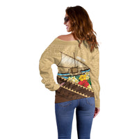 Personalised Bula Vinaka Fiji Drua Off Shoulder Sweater Fijian Traditional Canoe Tapa Cloth Beige LT14 - Polynesian Pride