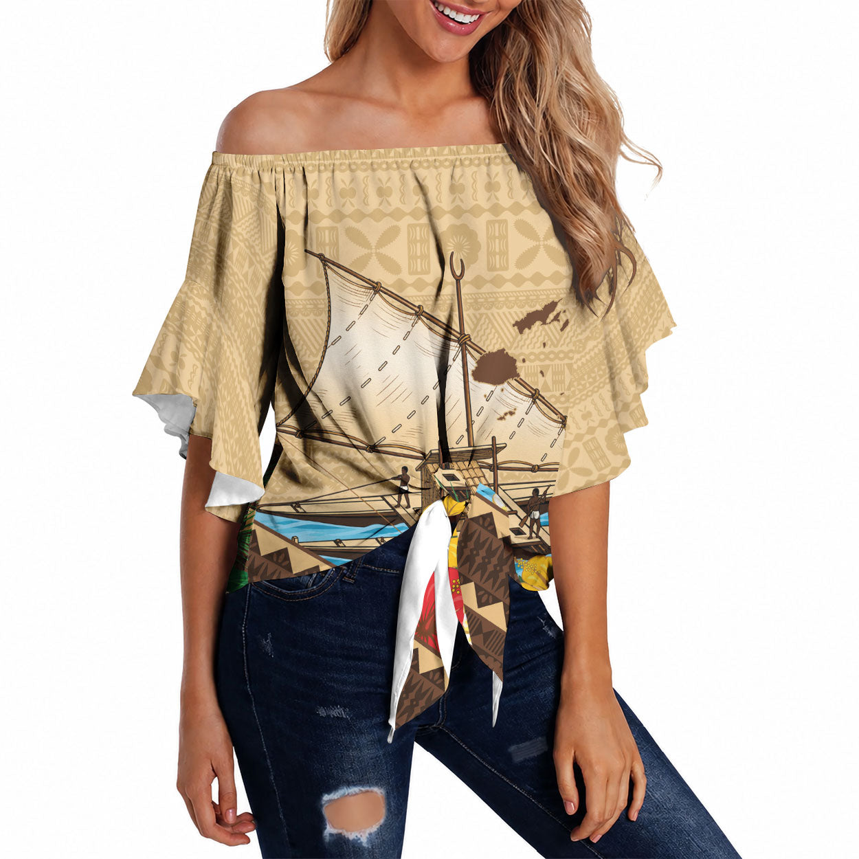 Personalised Bula Vinaka Fiji Drua Off Shoulder Wrap Waist Top Fijian Traditional Canoe Tapa Cloth Beige LT14 Beige - Polynesian Pride