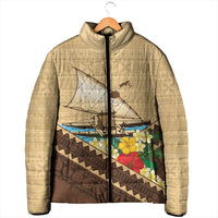 Personalised Bula Vinaka Fiji Drua Padded Jacket Fijian Traditional Canoe Tapa Cloth Beige LT14 - Polynesian Pride