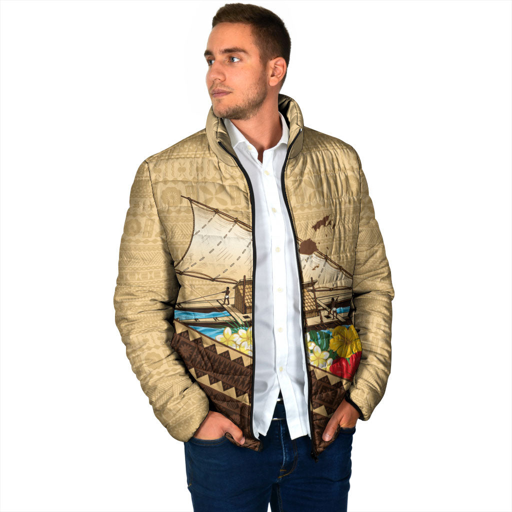 Personalised Bula Vinaka Fiji Drua Padded Jacket Fijian Traditional Canoe Tapa Cloth Beige LT14 - Polynesian Pride