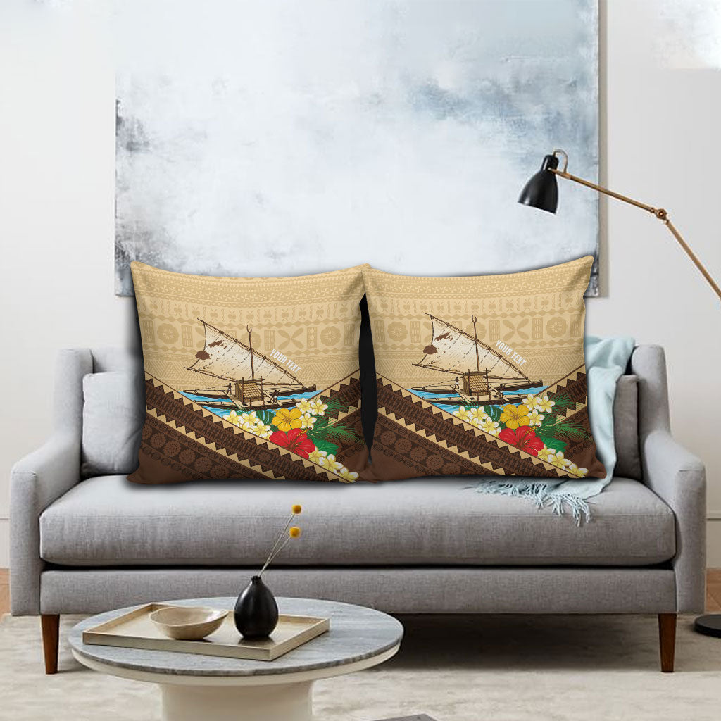 Personalised Bula Vinaka Fiji Drua Pillow Cover Fijian Traditional Canoe Tapa Cloth Beige LT14 - Polynesian Pride