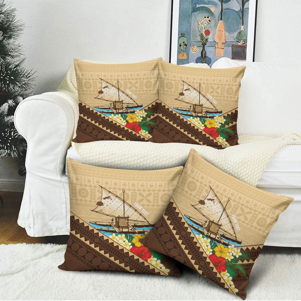 Personalised Bula Vinaka Fiji Drua Pillow Cover Fijian Traditional Canoe Tapa Cloth Beige LT14 - Polynesian Pride