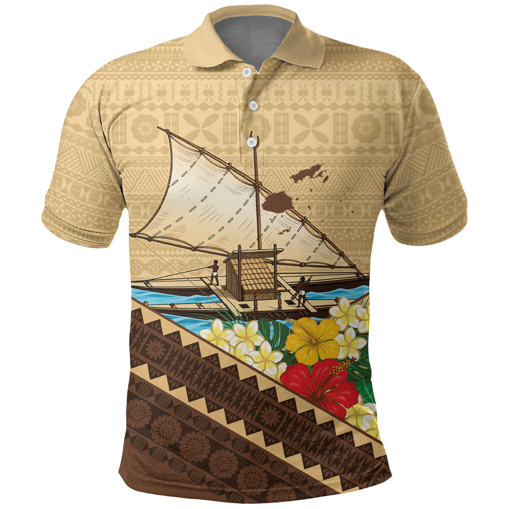 Personalised Bula Vinaka Fiji Drua Polo Shirt Fijian Traditional Canoe Tapa Cloth Beige