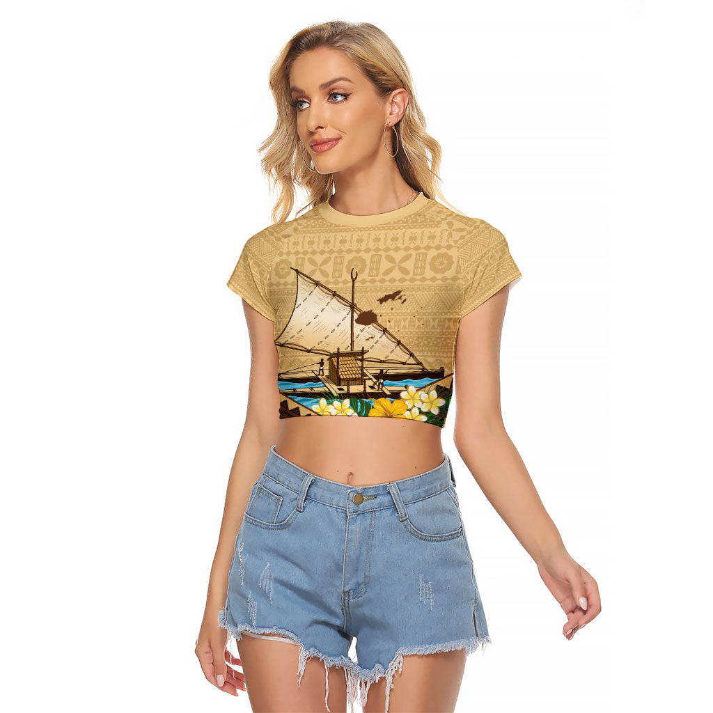 Personalised Bula Vinaka Fiji Drua Raglan Cropped T Shirt Fijian Traditional Canoe Tapa Cloth Beige LT14 Female Beige - Polynesian Pride