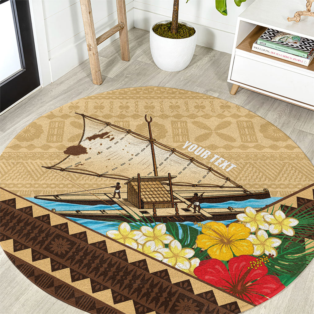 Personalised Bula Vinaka Fiji Drua Round Carpet Fijian Traditional Canoe Tapa Cloth Beige LT14 Beige - Polynesian Pride