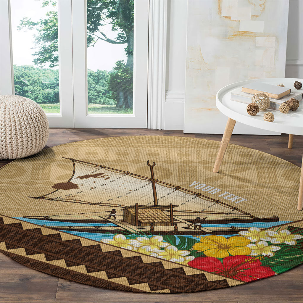 Personalised Bula Vinaka Fiji Drua Round Carpet Fijian Traditional Canoe Tapa Cloth Beige LT14 - Polynesian Pride