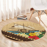 Personalised Bula Vinaka Fiji Drua Round Carpet Fijian Traditional Canoe Tapa Cloth Beige LT14 - Polynesian Pride
