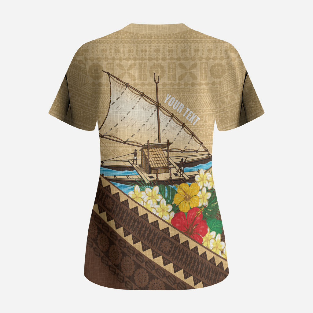 Personalised Bula Vinaka Fiji Drua Scrub Top Fijian Traditional Canoe Tapa Cloth Beige LT14 - Polynesian Pride