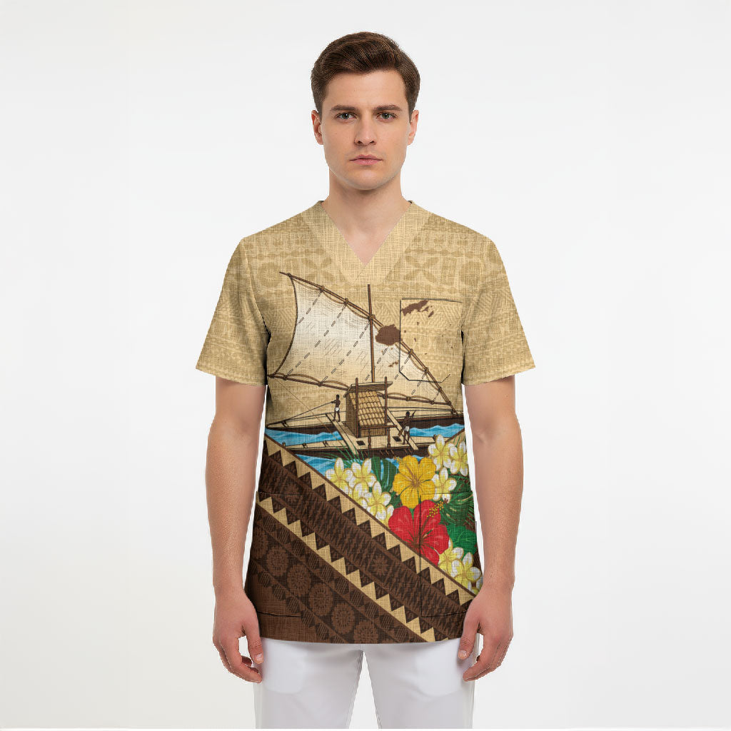 Personalised Bula Vinaka Fiji Drua Scrub Top Fijian Traditional Canoe Tapa Cloth Beige LT14 - Polynesian Pride