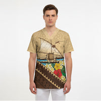 Personalised Bula Vinaka Fiji Drua Scrub Top Fijian Traditional Canoe Tapa Cloth Beige LT14 - Polynesian Pride