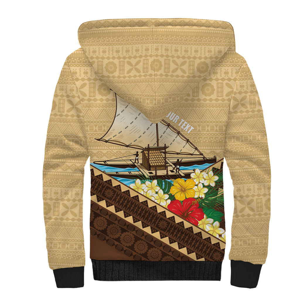 Personalised Bula Vinaka Fiji Drua Sherpa Hoodie Fijian Traditional Canoe Tapa Cloth Beige LT14 - Polynesian Pride