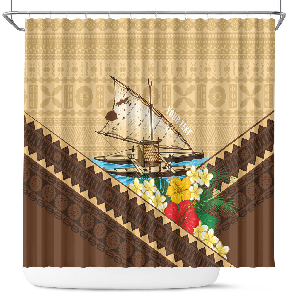 Personalised Bula Vinaka Fiji Drua Shower Curtain Fijian Traditional Canoe Tapa Cloth Beige LT14 Beige - Polynesian Pride