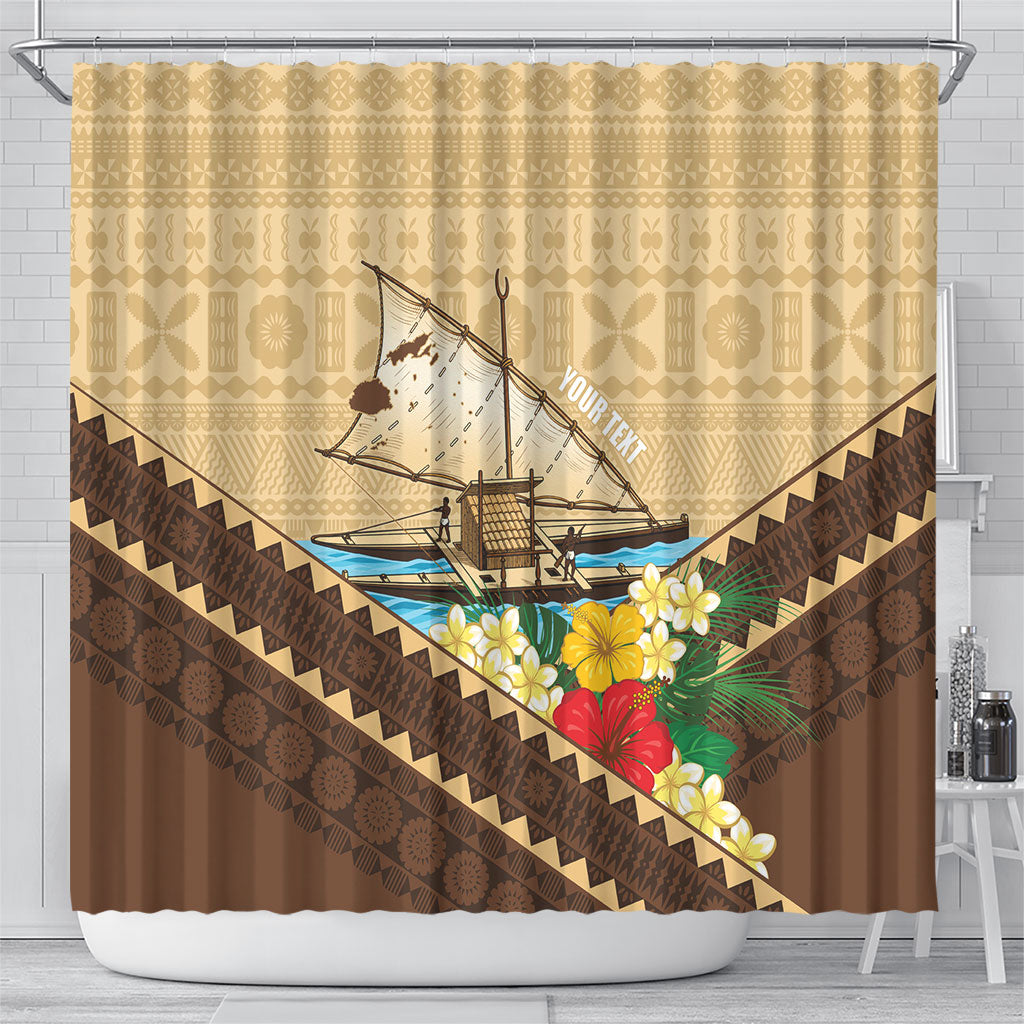 Personalised Bula Vinaka Fiji Drua Shower Curtain Fijian Traditional Canoe Tapa Cloth Beige LT14 - Polynesian Pride