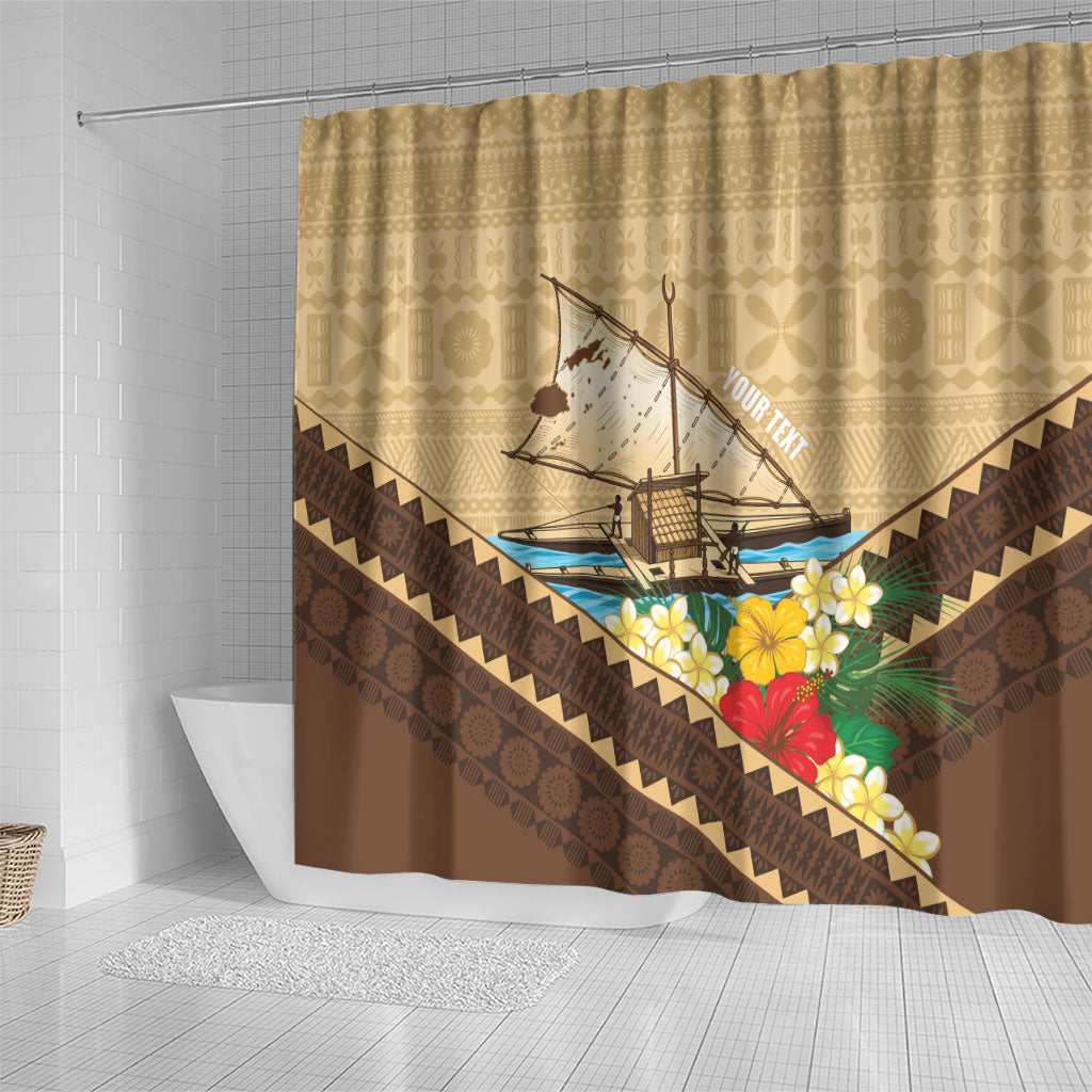 Personalised Bula Vinaka Fiji Drua Shower Curtain Fijian Traditional Canoe Tapa Cloth Beige LT14 - Polynesian Pride