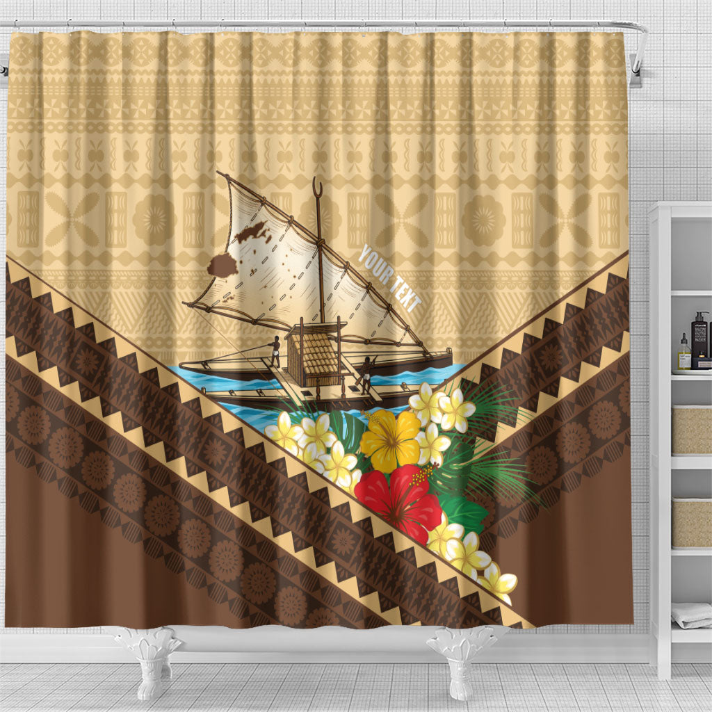 Personalised Bula Vinaka Fiji Drua Shower Curtain Fijian Traditional Canoe Tapa Cloth Beige LT14 - Polynesian Pride