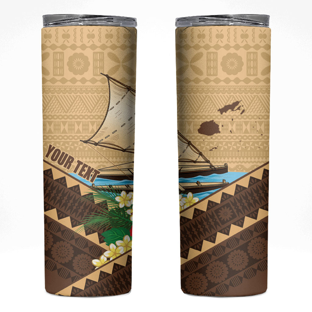 Personalised Bula Vinaka Fiji Drua Skinny Tumbler Fijian Traditional Canoe Tapa Cloth Beige LT14 Beige - Polynesian Pride