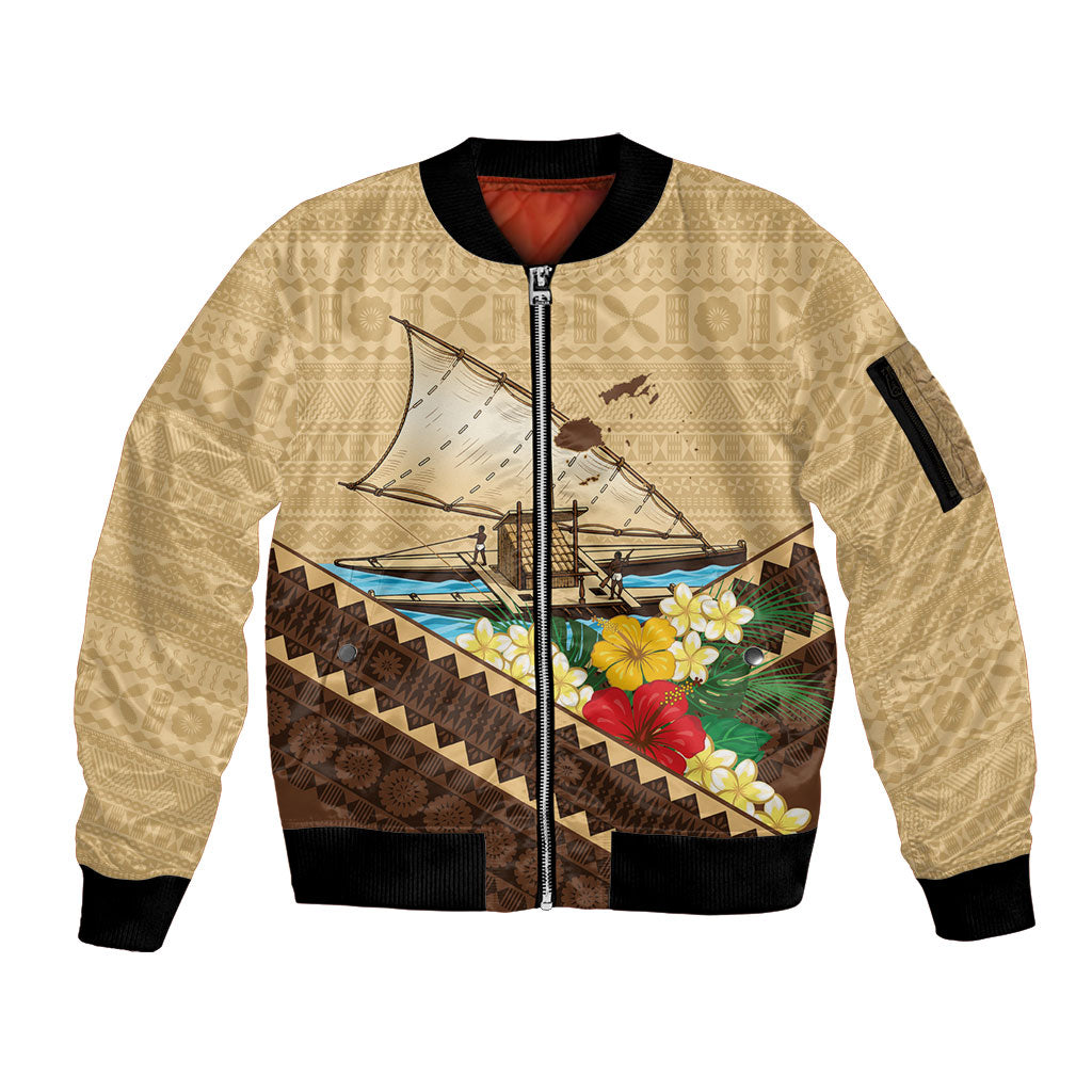 Personalised Bula Vinaka Fiji Drua Sleeve Zip Bomber Jacket Fijian Traditional Canoe Tapa Cloth Beige LT14 Unisex Beige - Polynesian Pride