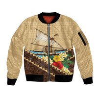 Personalised Bula Vinaka Fiji Drua Sleeve Zip Bomber Jacket Fijian Traditional Canoe Tapa Cloth Beige LT14 Unisex Beige - Polynesian Pride