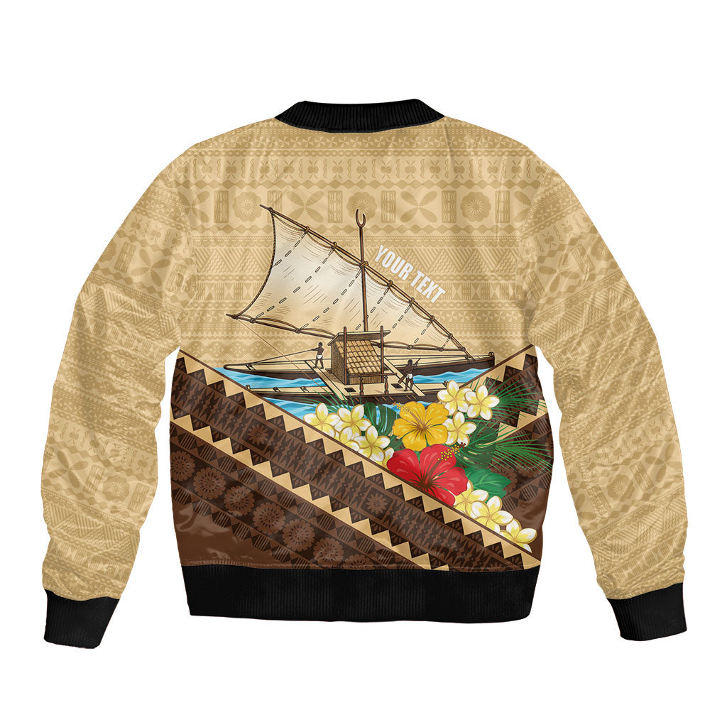 Personalised Bula Vinaka Fiji Drua Sleeve Zip Bomber Jacket Fijian Traditional Canoe Tapa Cloth Beige LT14 - Polynesian Pride