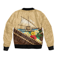 Personalised Bula Vinaka Fiji Drua Sleeve Zip Bomber Jacket Fijian Traditional Canoe Tapa Cloth Beige LT14 - Polynesian Pride