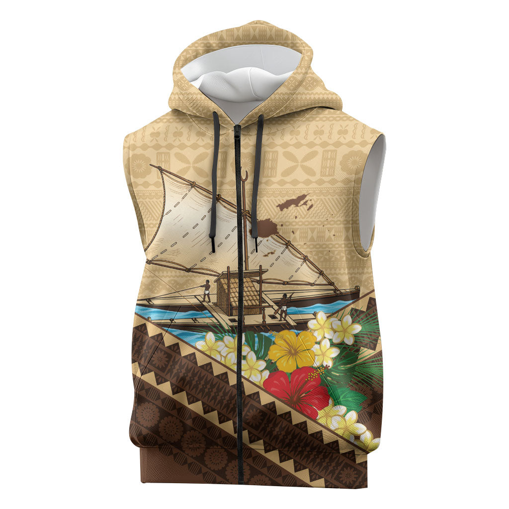 Personalised Bula Vinaka Fiji Drua Sleeveless Zip Hoodie Fijian Traditional Canoe Tapa Cloth Beige LT14 Beige - Polynesian Pride