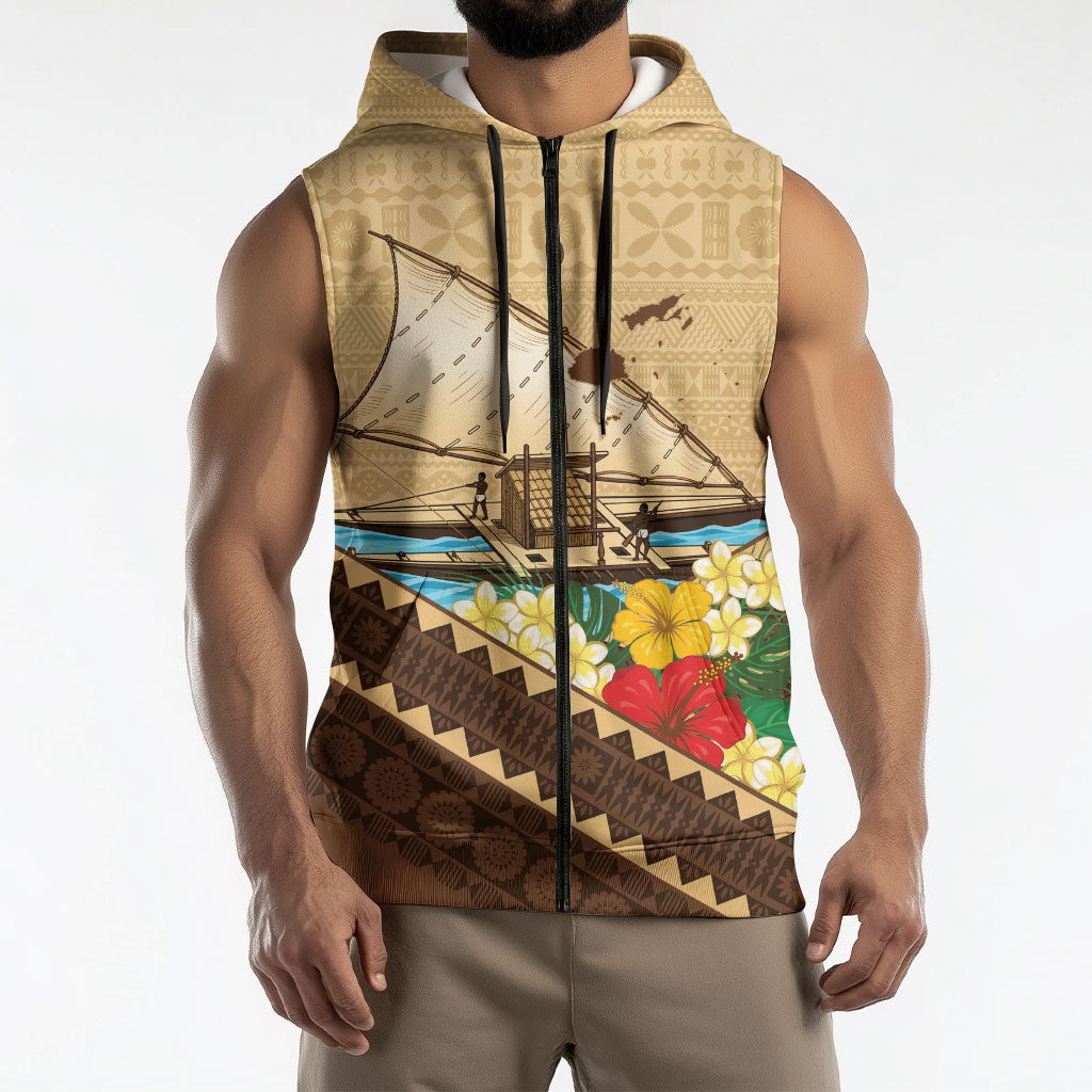 Personalised Bula Vinaka Fiji Drua Sleeveless Zip Hoodie Fijian Traditional Canoe Tapa Cloth Beige LT14 - Polynesian Pride